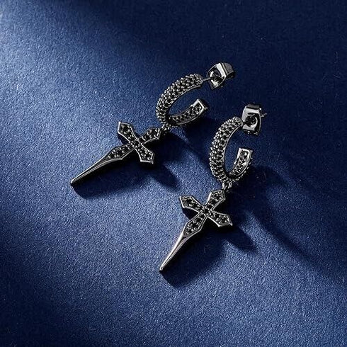 Iced 14K Gold Plated Cross Drop Dangle Black Cubic Zirconia Men Women Earrings